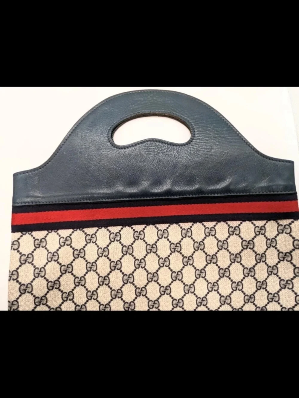 Gucci Beige GG Canvas Tote with Navy Leather and Red Stripe